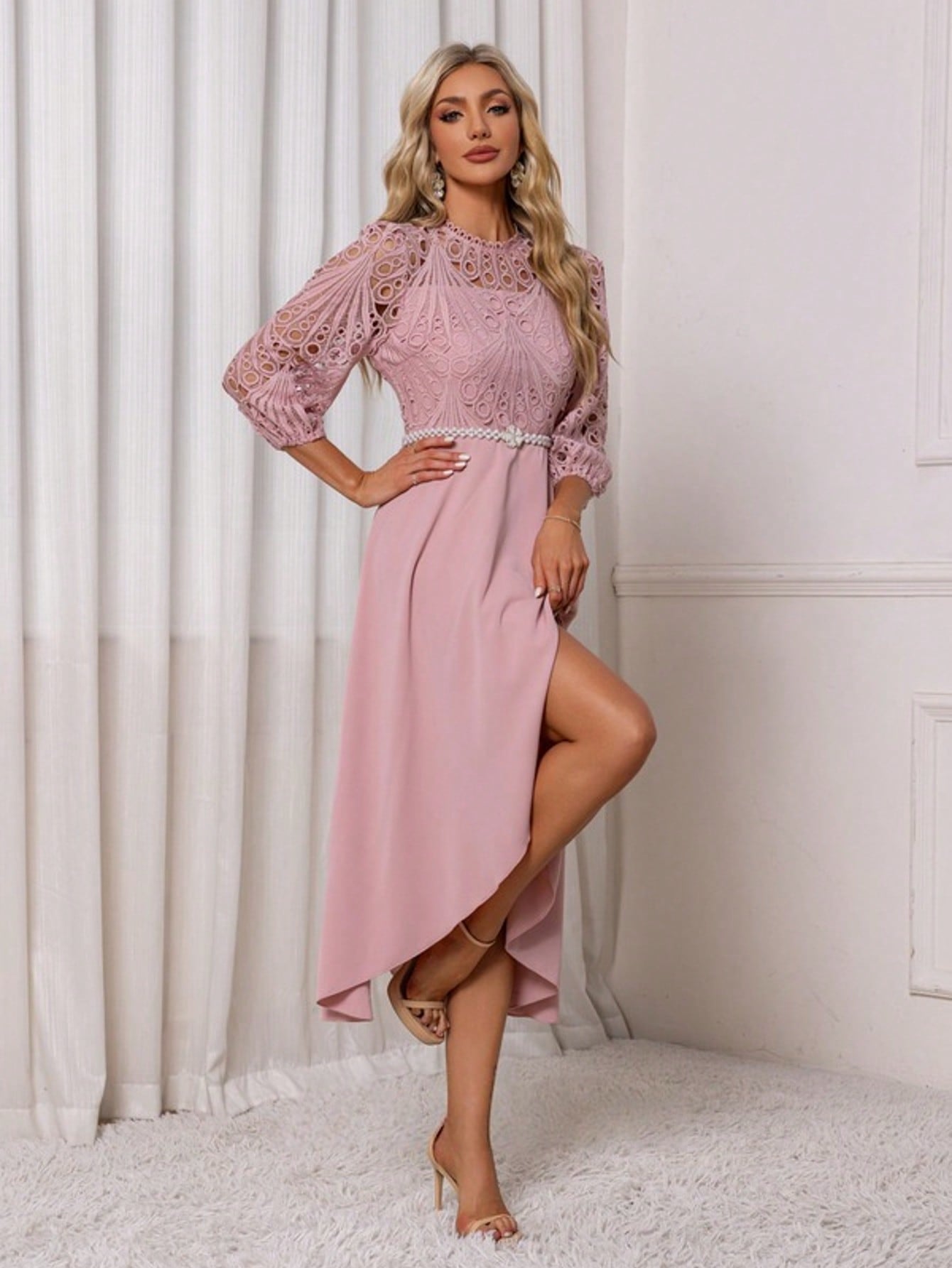 Illusion A-Line Charmeuse Lace Asymmetrical Midi Dress For Summer & Fall Women's Dress