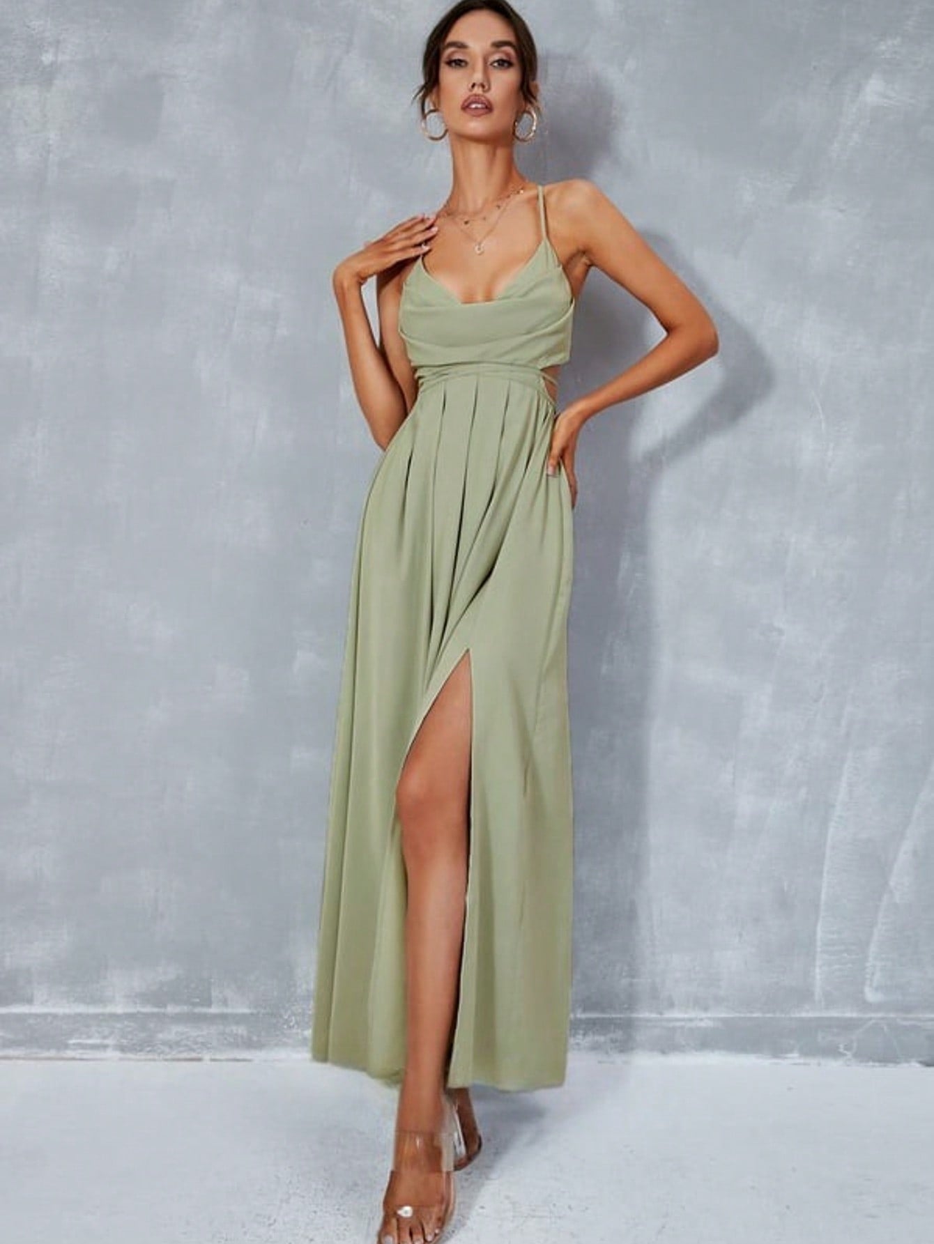 Pleated Cowl A-Line Chiffon Maxi Dress  For Summer & Fall Women's Dress