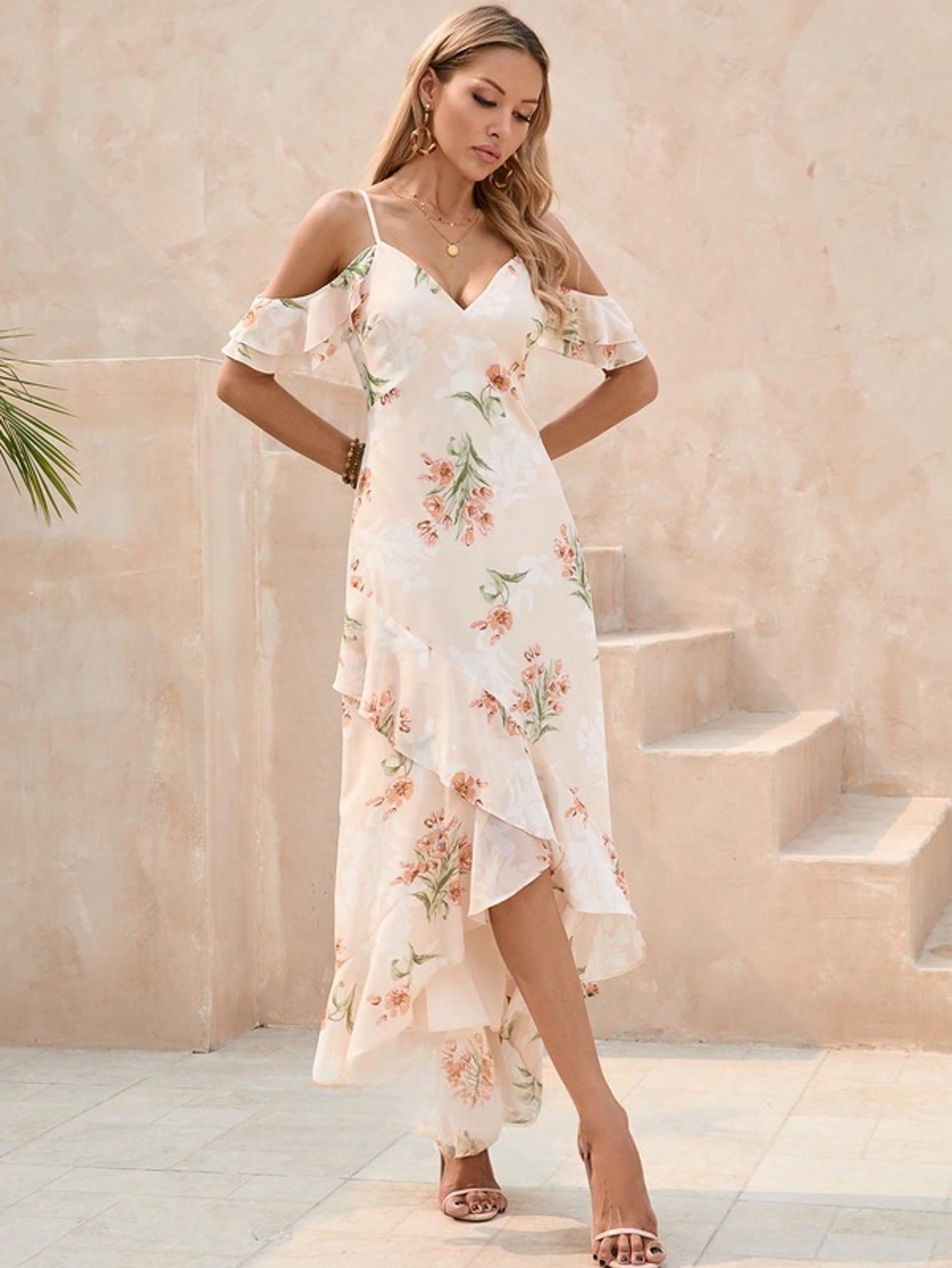 Ruffle Floral Print V-Neck A-Line Chiffon Asymmetrical Maxi Dress