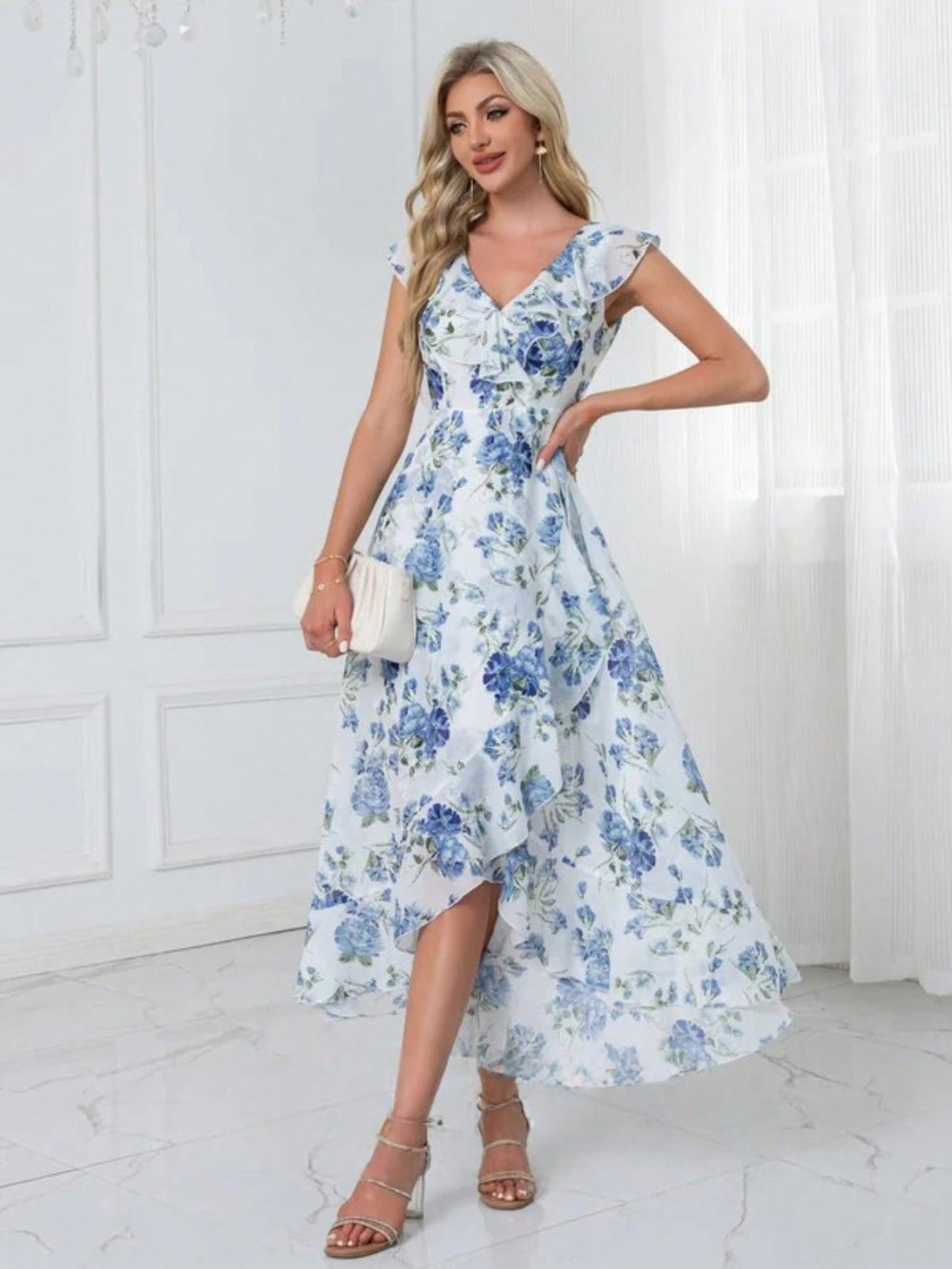 Ruffle Floral Print V-Neck A-Line Chiffon Asymmetrical Midi Dress