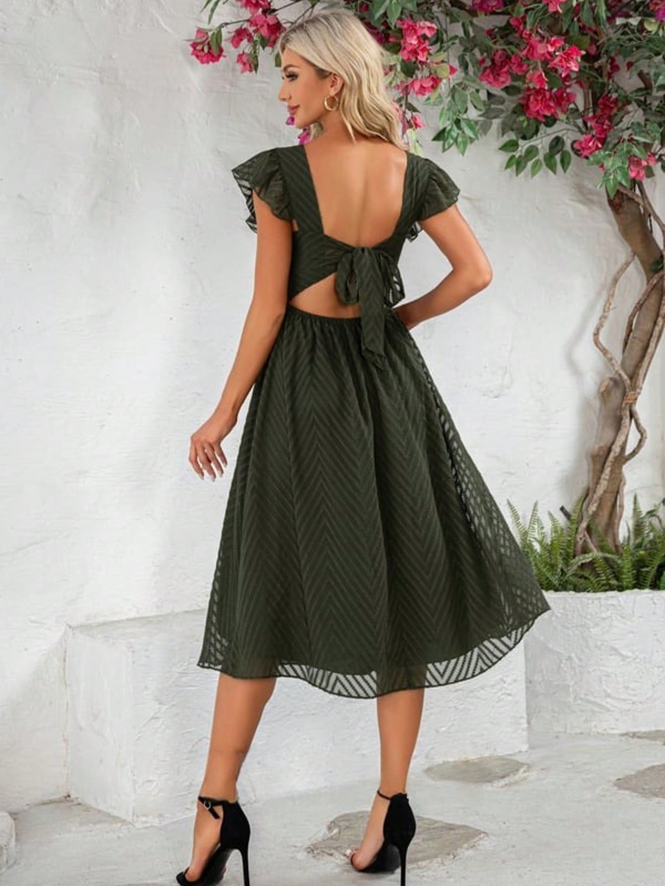 Ruffle V-Neck Cap Sleeve Flutter Sleeve A-Line Chiffon Jacquard Midi Dress For Summer & Fall Women's Clothing