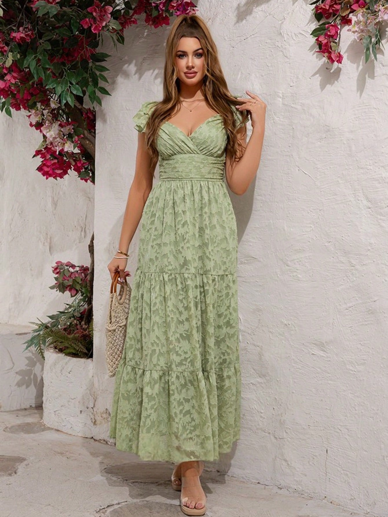 Ruffle V-Neck Sleeveless A-Line Chiffon Jacquard Maxi Dress For Summer & Fall Women's Clothing