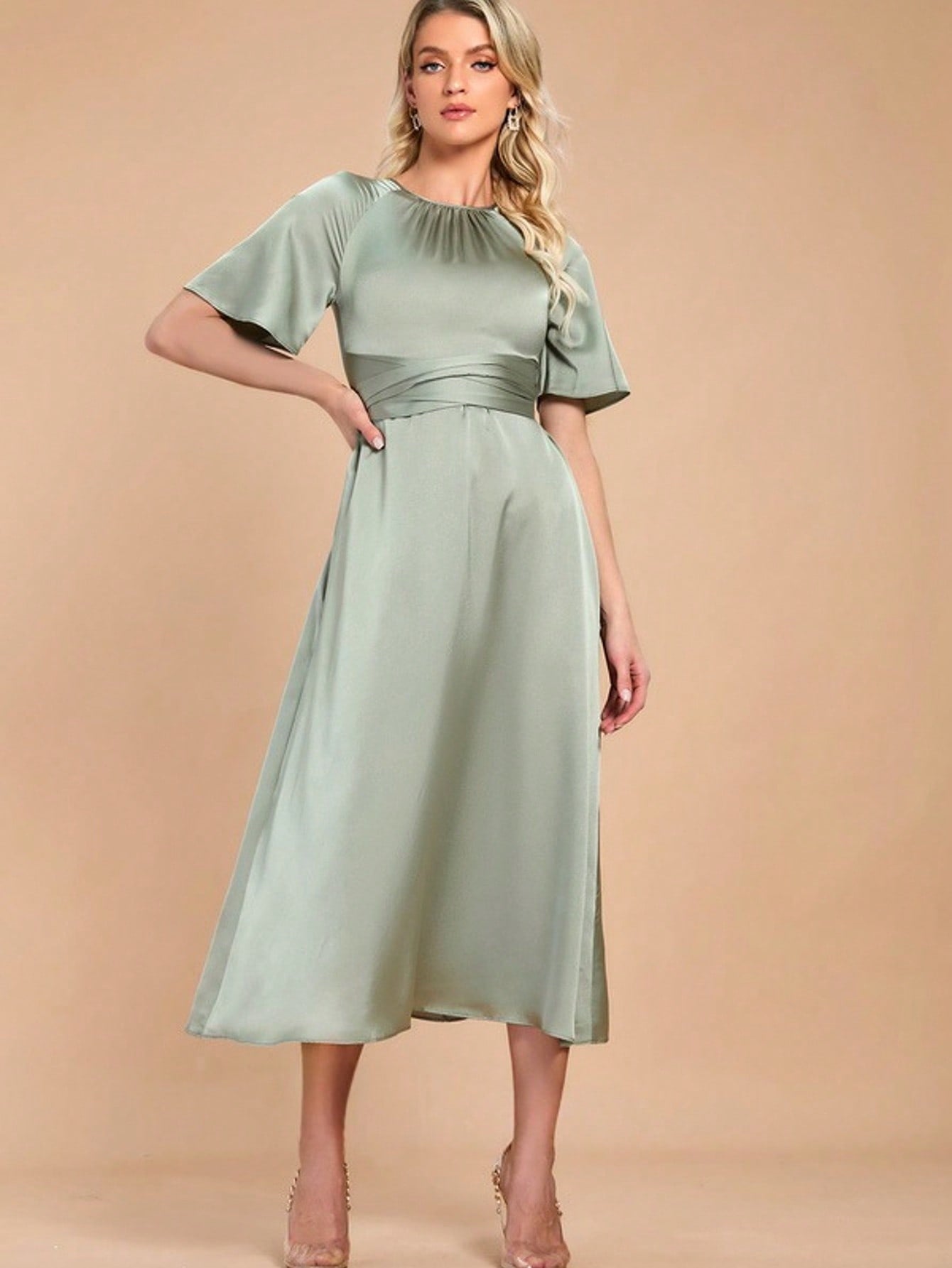 Scoop Short Sleeve Flutter Sleeve A-Line Satin Midi Dress For Summer & Fall Women's Dress