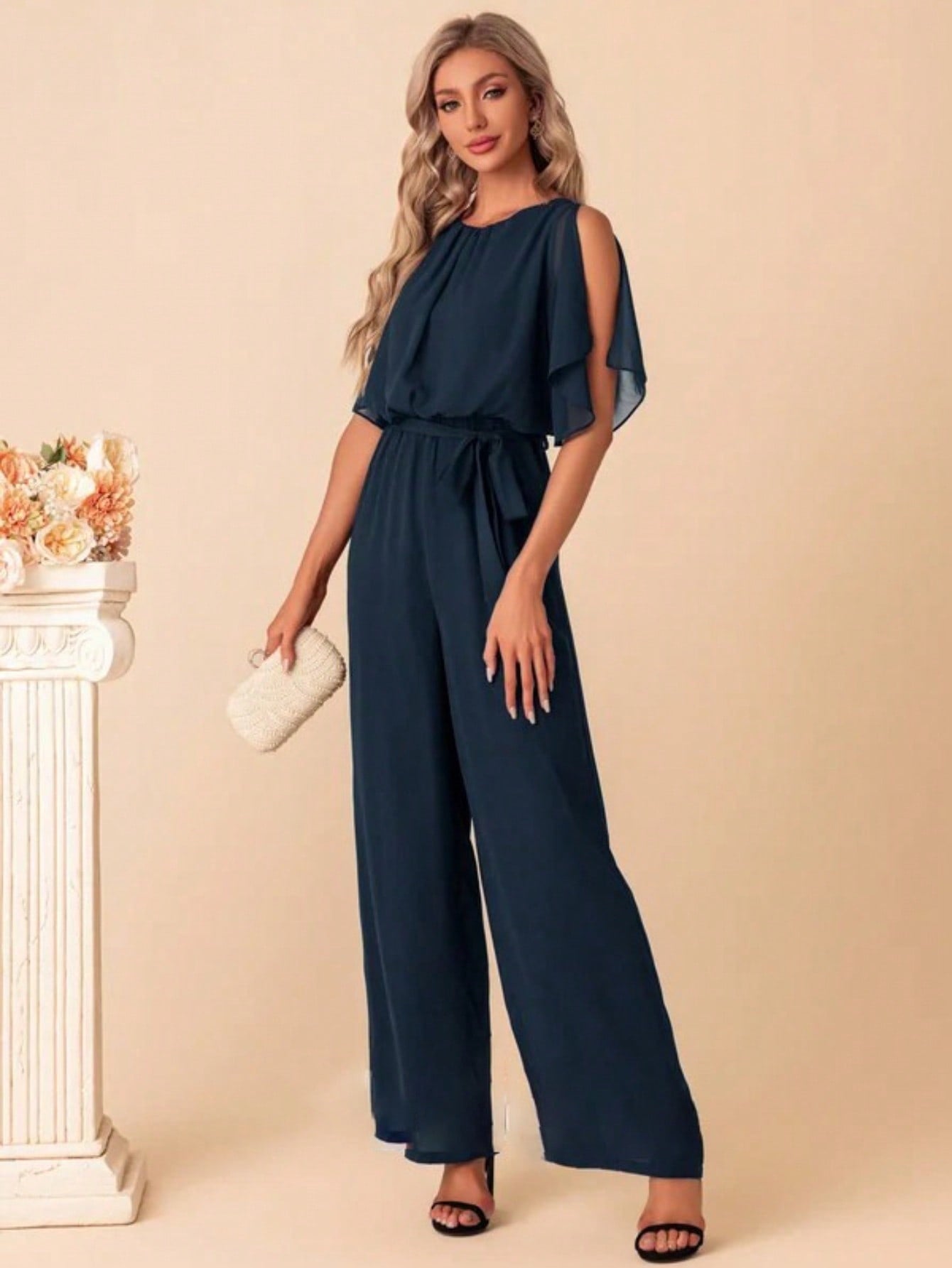 Scoop Short Sleeve Flutter Sleeve Chiffon Maxi Jumpsuits