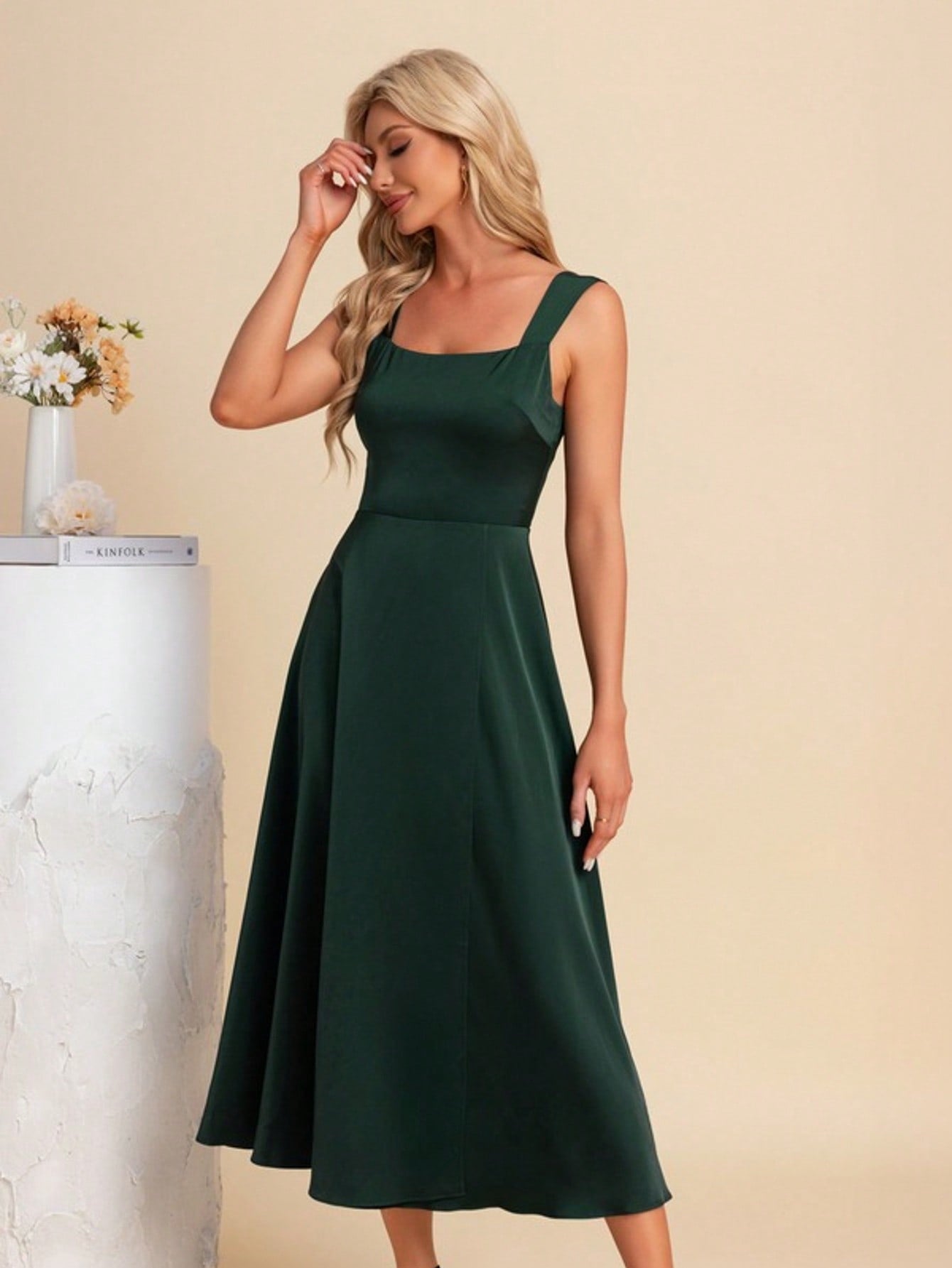 Square A-Line Satin Midi Dress