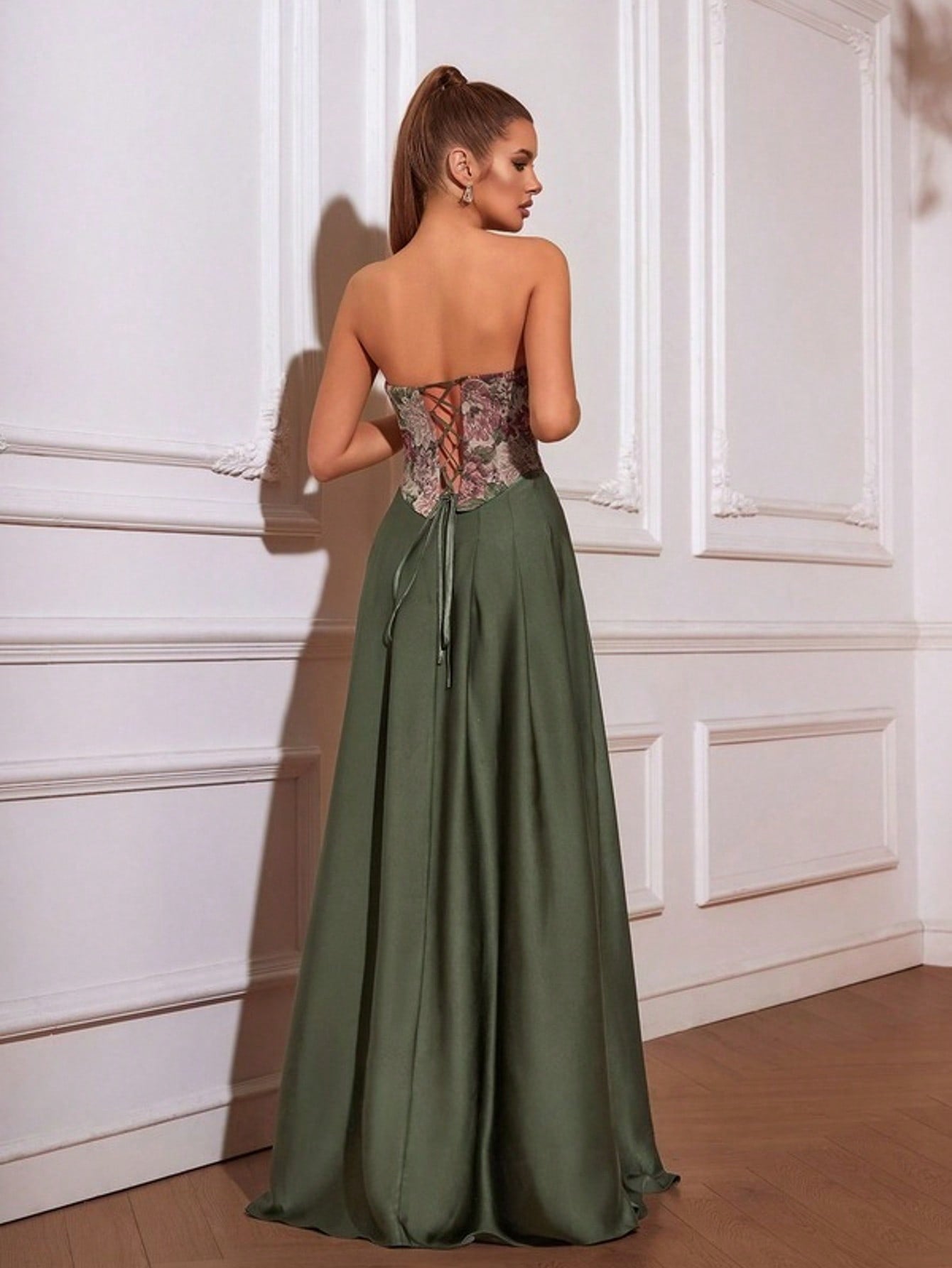 Strapless A-Line Satin Jacquard Floor-Length Prom Dresses