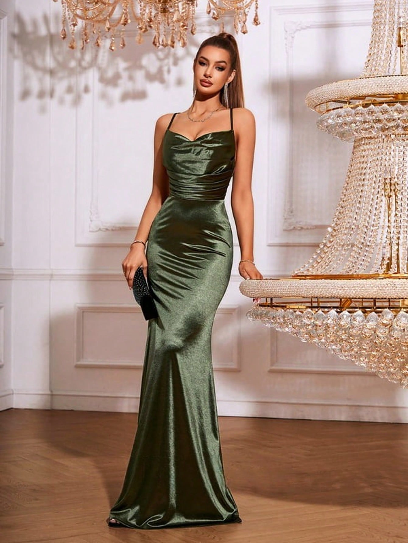 Trumpet/Mermaid Cowl Floor-Length Stretch Satin Prom Dresses With Ruched
