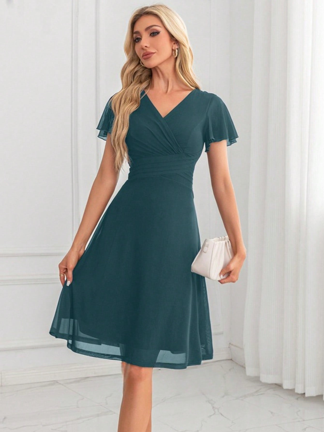 V-Neck A-Line Spandex Midi Dress